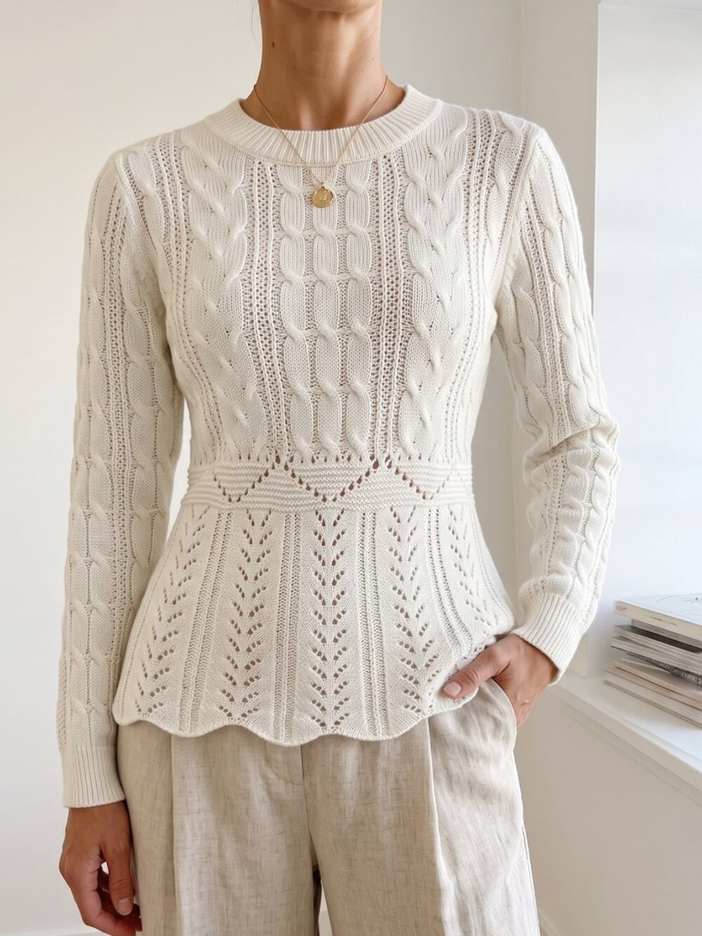 White Casual Women's Cable Knit Round Neck Pullover - Picture 4 of 6